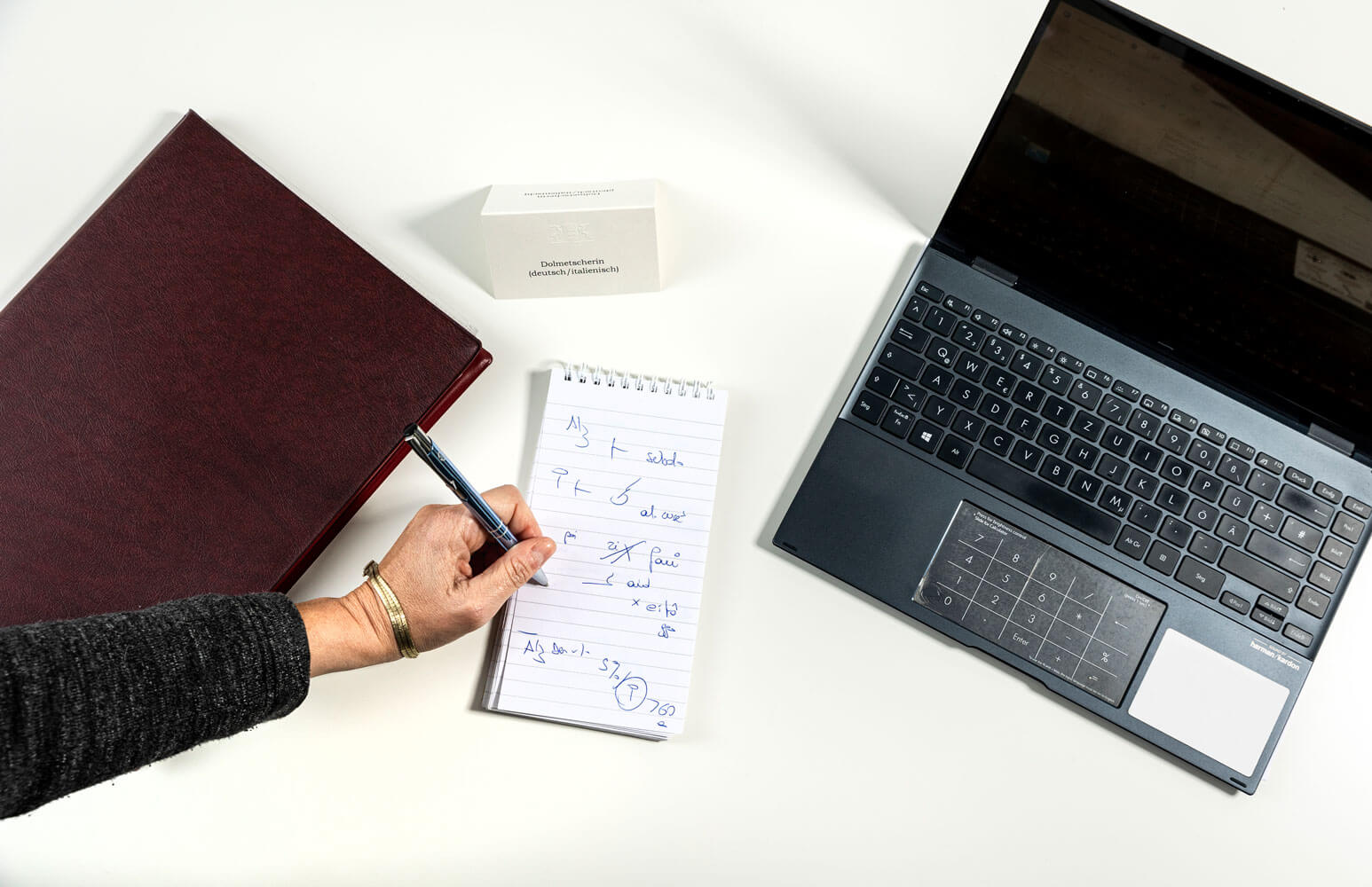 Vor dem Dolmetschen macht sich Cinzia Turrini oft Notizen (auf Papier oder auf ihrem Laptop).